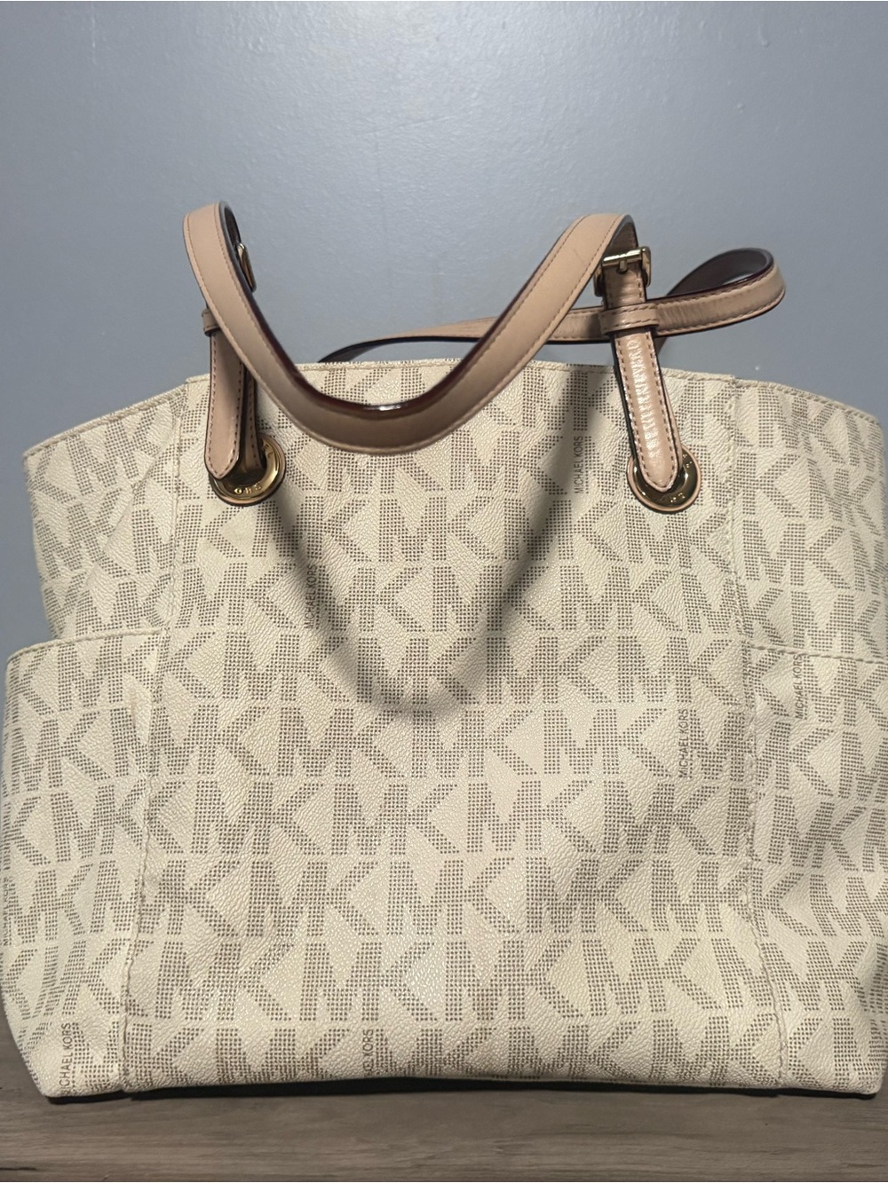 Michael Kors Beige and Cream Logo Tote with Leather Trim - Picture 1 of 4